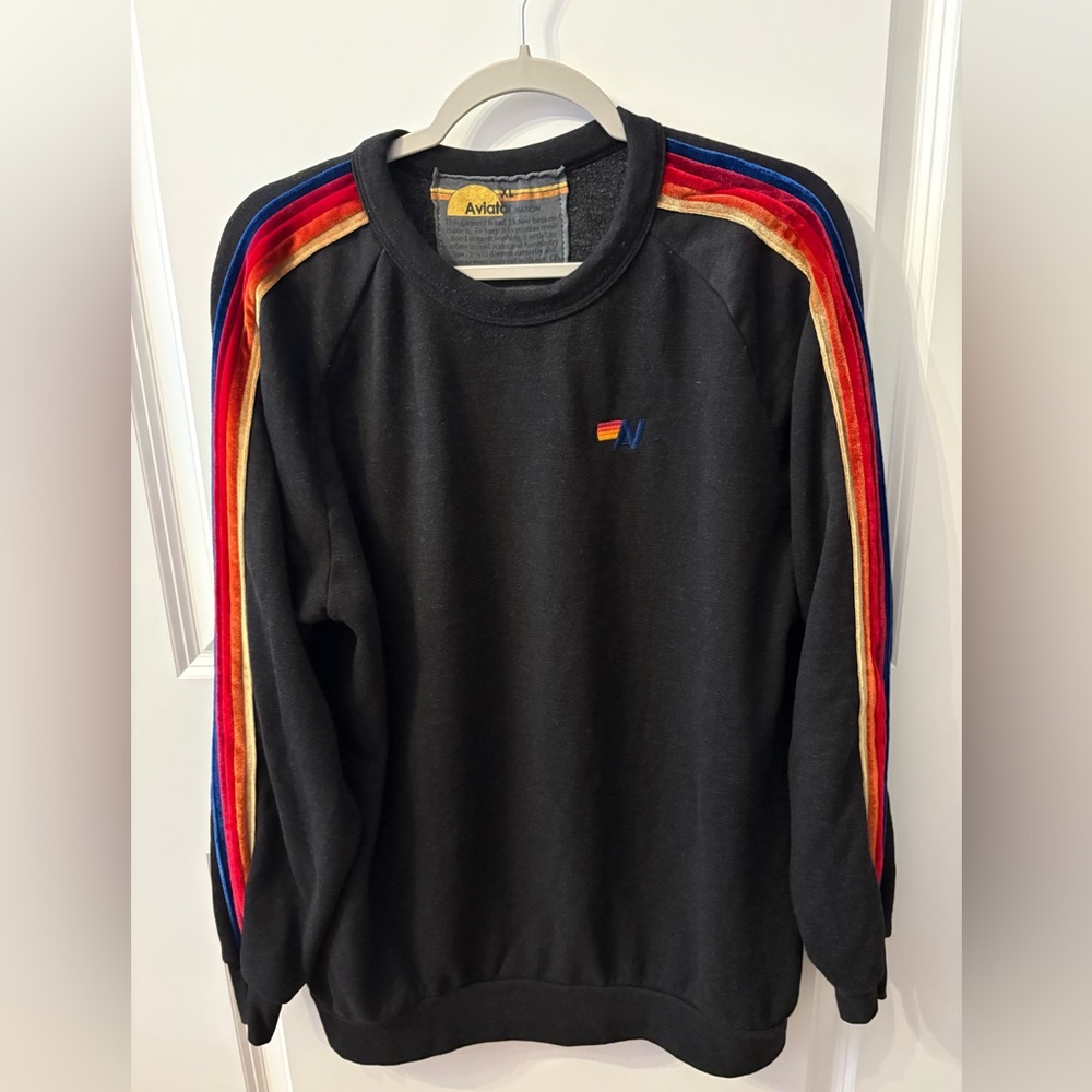 Aviator Nation Classic Unisex Velvet Stripes Crewneck Black Sweatshirt Size XL
